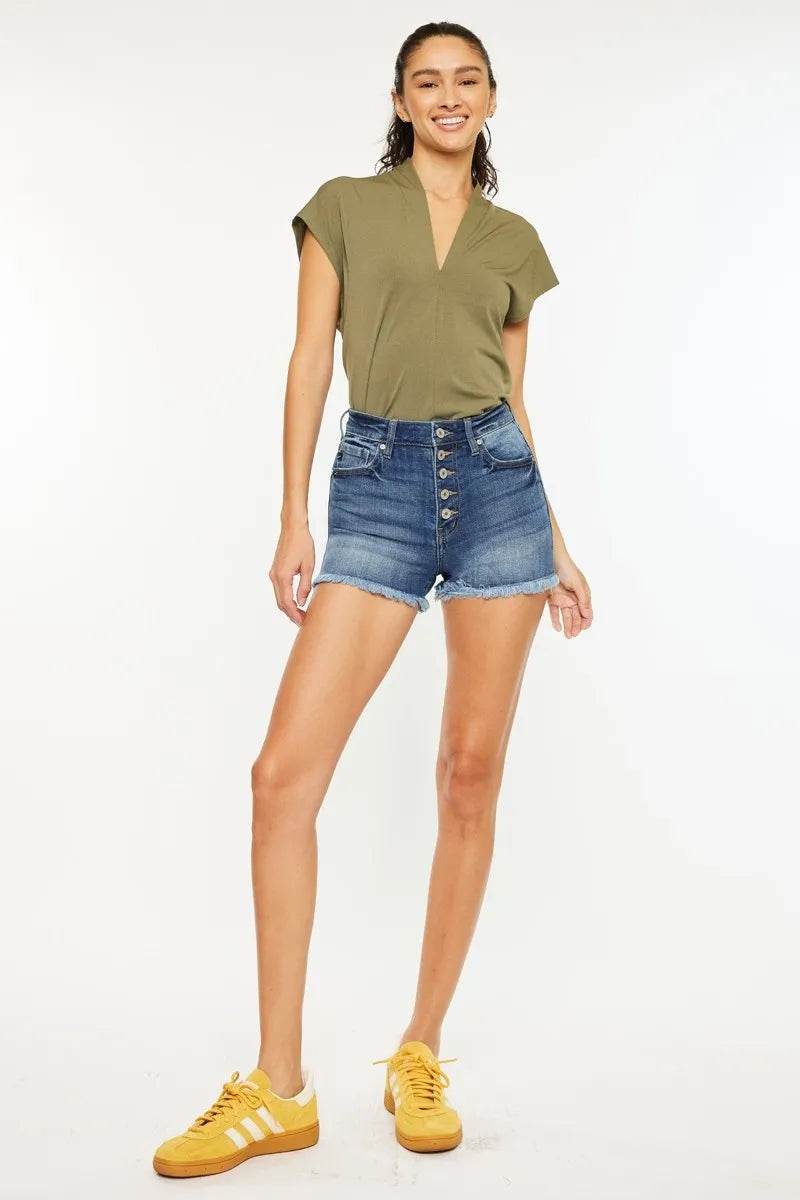 Kancan High Rise Frayed Hem Denim Shorts - Rosa Apparel