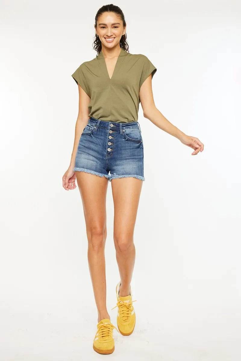 Kancan High Rise Frayed Hem Denim Shorts - Rosa Apparel