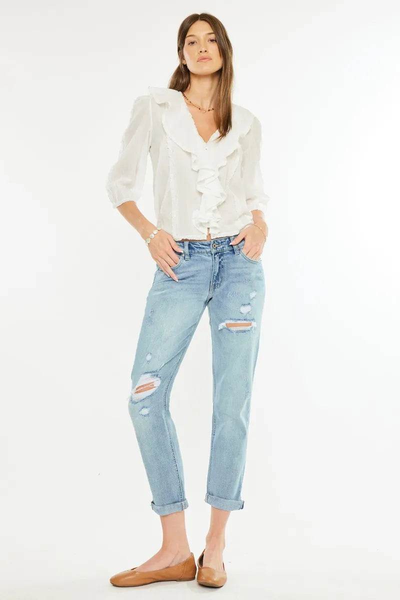Kancan Mid Rise Distressed Boyfriend Fit Jeans - Rosa Apparel