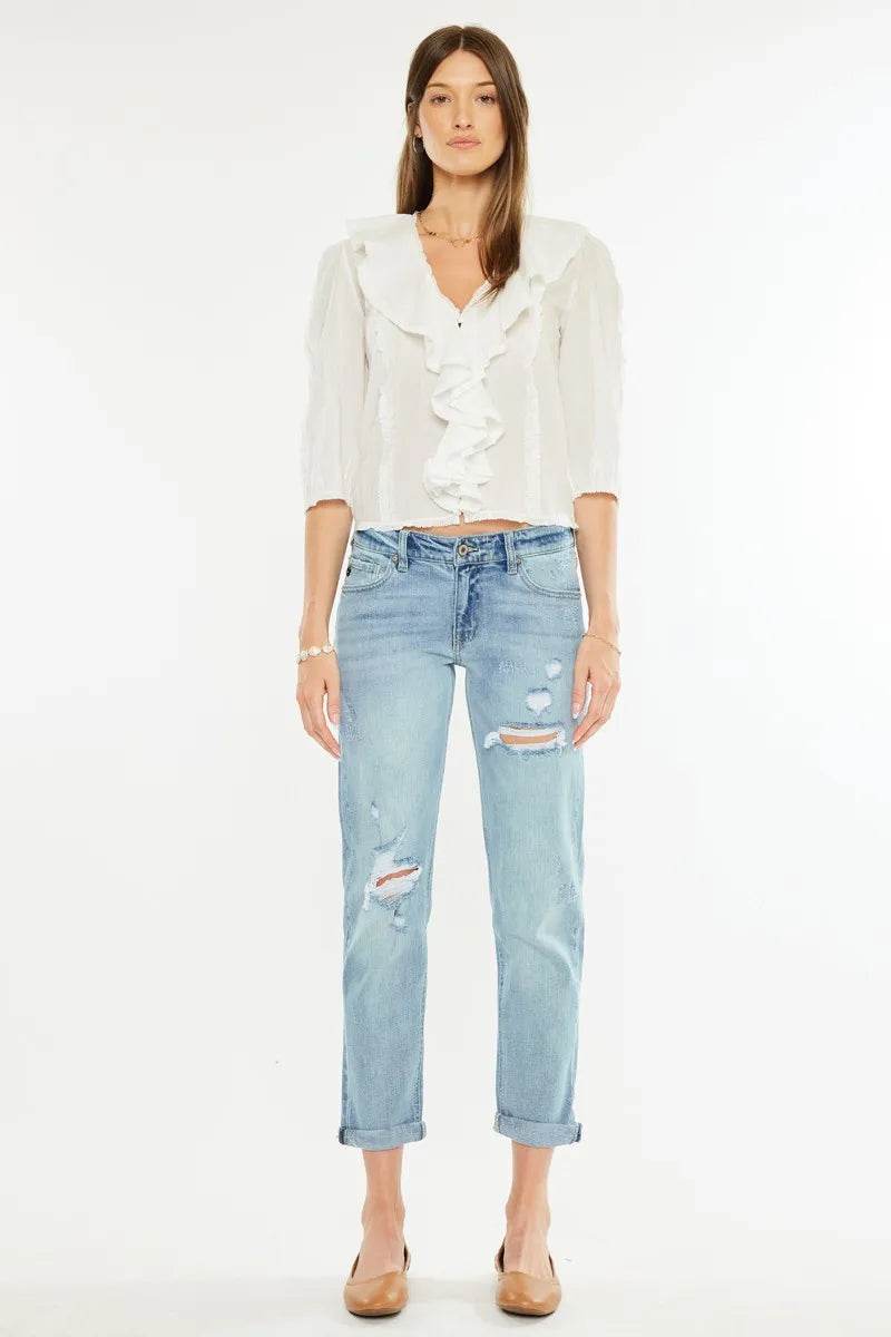Kancan Mid Rise Distressed Boyfriend Fit Jeans - Rosa Apparel