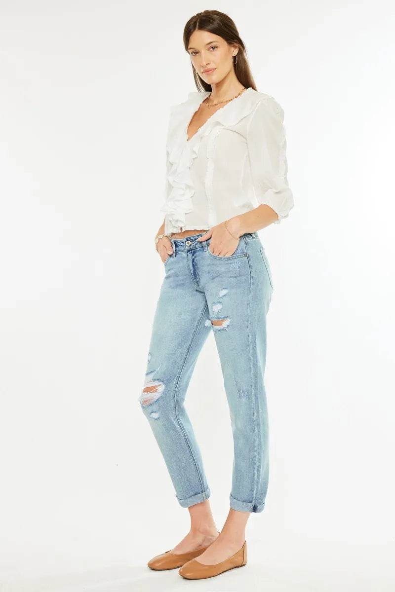 Kancan Mid Rise Distressed Boyfriend Fit Jeans - Rosa Apparel