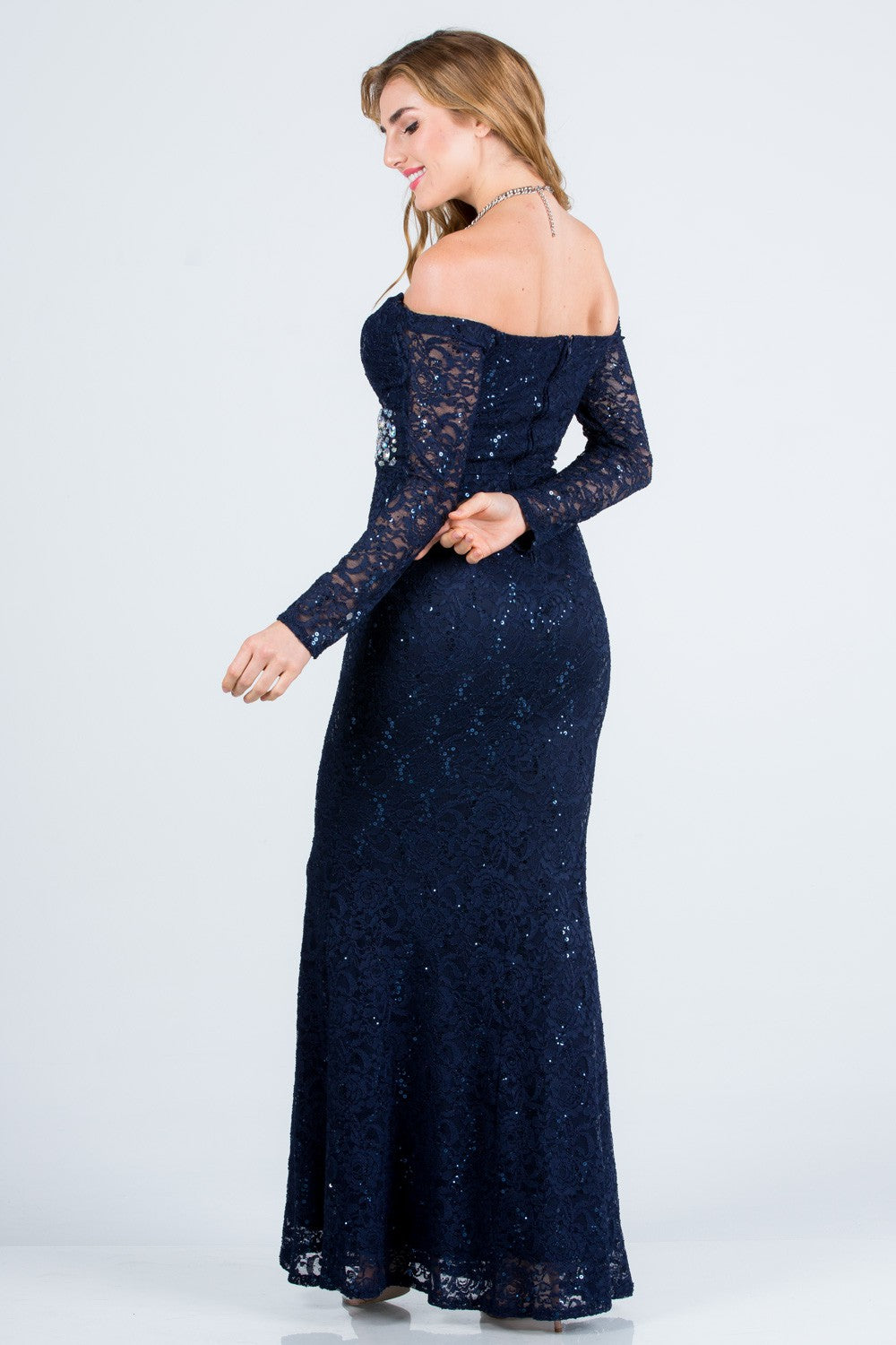 LA SCALA 25859 Lace Off Shoulder Rhinestone Mermaid Gown