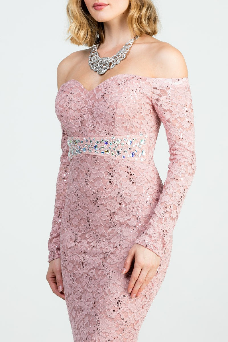 LA SCALA 25859 Lace Off Shoulder Rhinestone Mermaid Gown