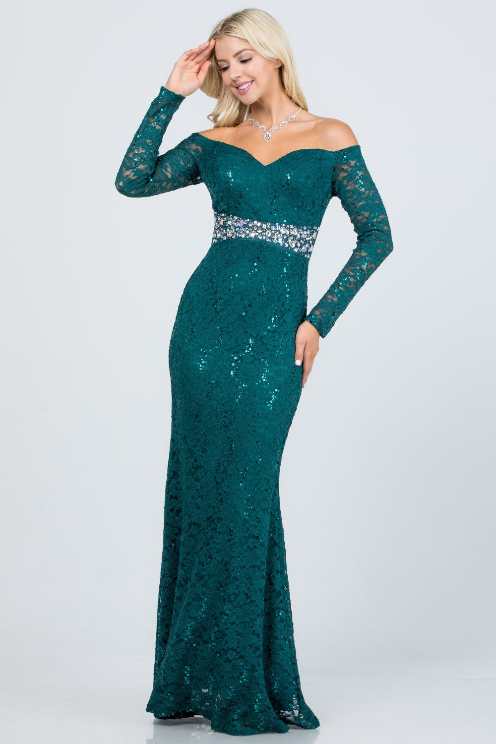 LA SCALA 25859 Lace Off Shoulder Rhinestone Mermaid Gown