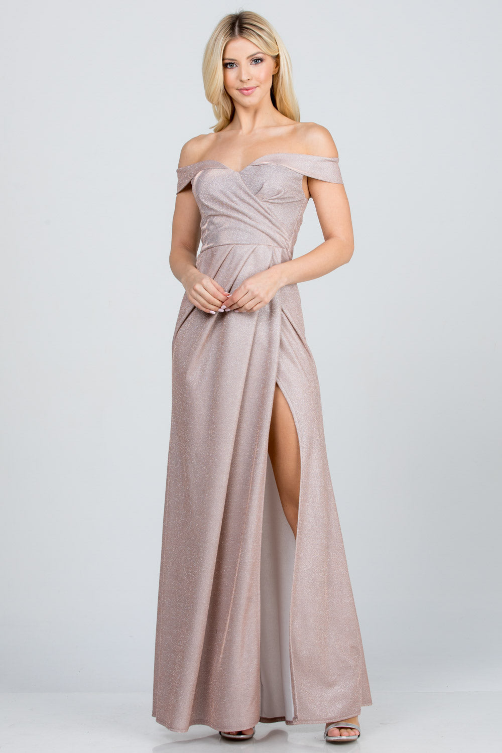 LA SCALA Off Shoulder Glitter Jacquard Evening Gown 25854