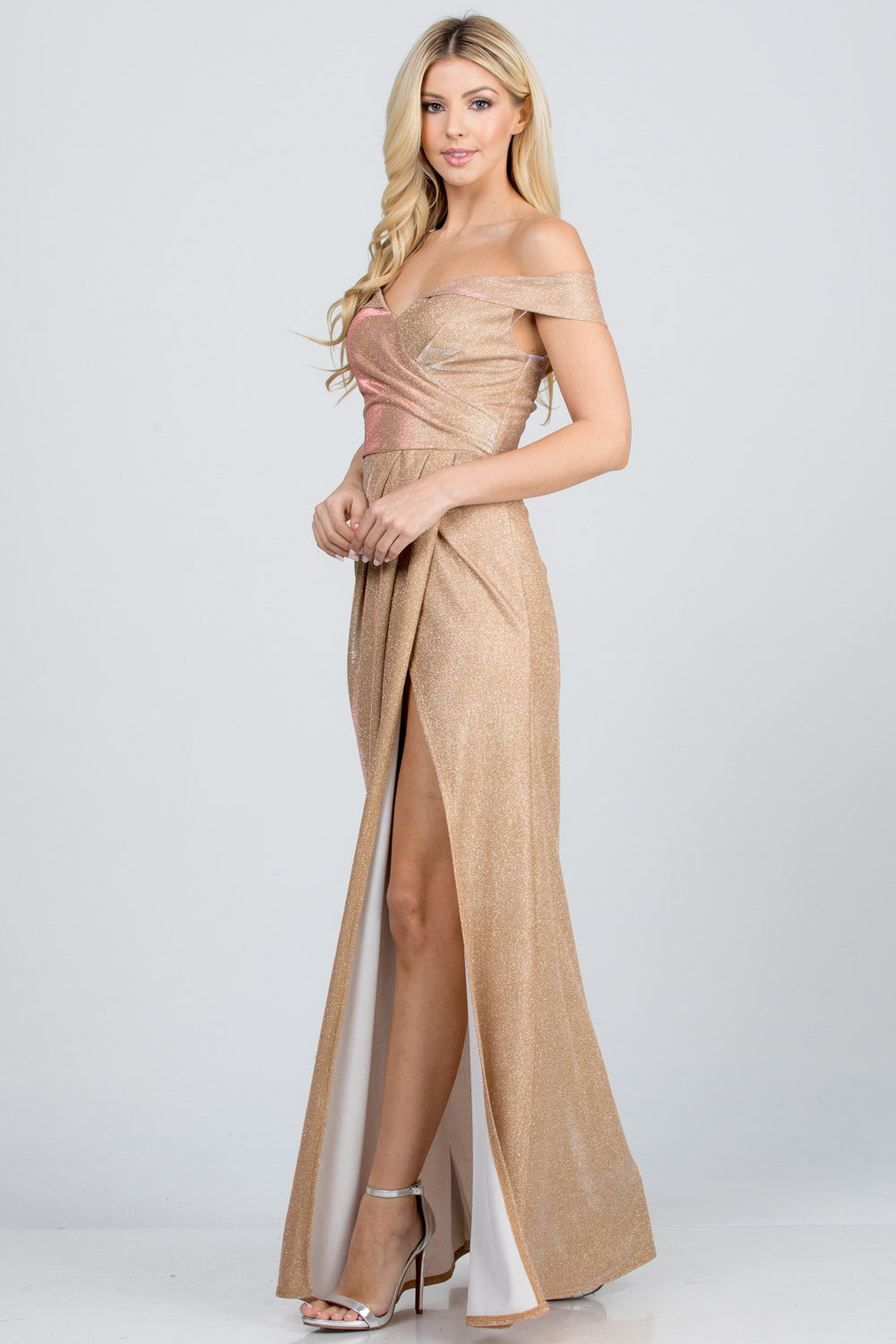LA SCALA Off Shoulder Glitter Jacquard Evening Gown 25854