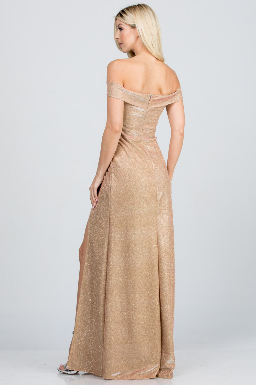 LA SCALA Off Shoulder Glitter Jacquard Evening Gown 25854