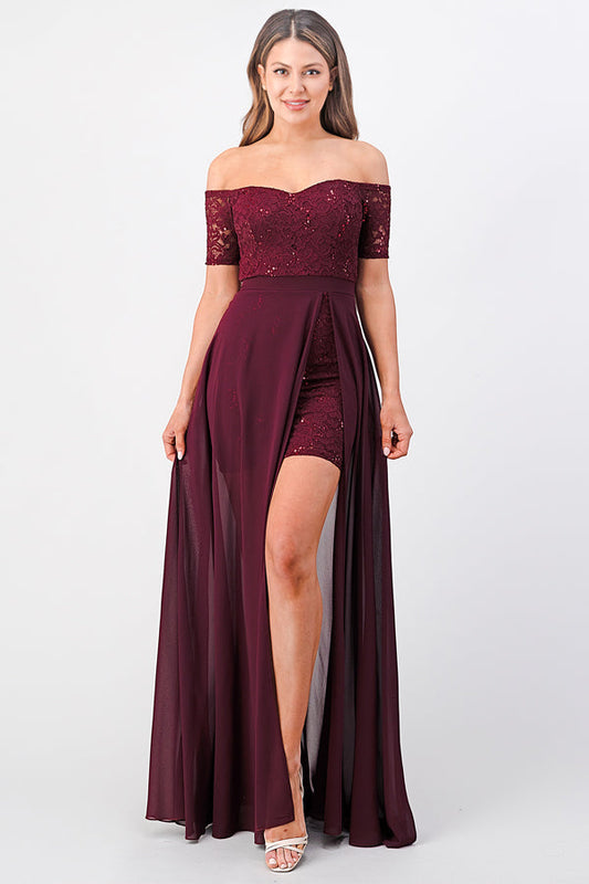 LA SCALA Off Shoulder Sequin Lace Chiffon Gown 25900