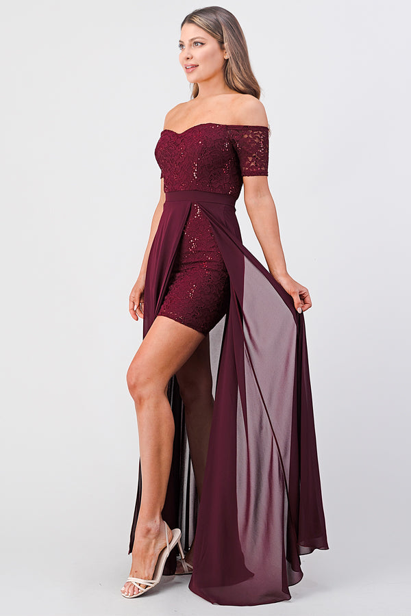 LA SCALA Off Shoulder Sequin Lace Chiffon Gown 25900