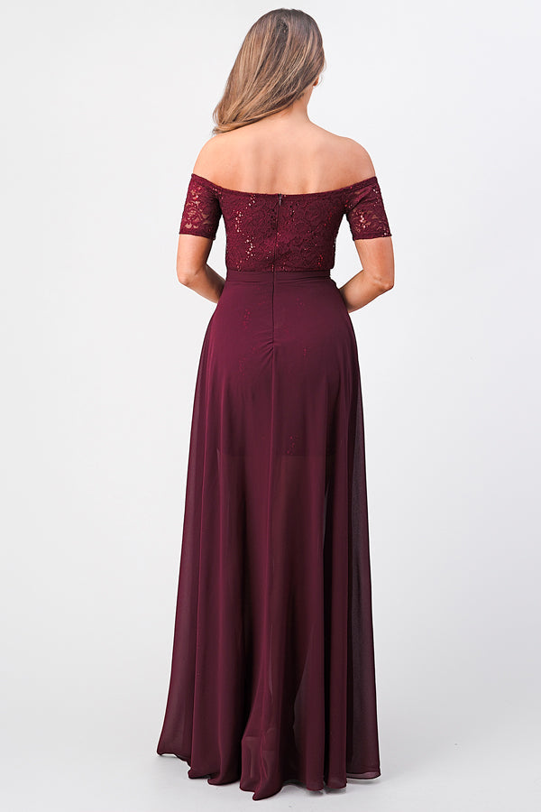 LA SCALA Off Shoulder Sequin Lace Chiffon Gown 25900