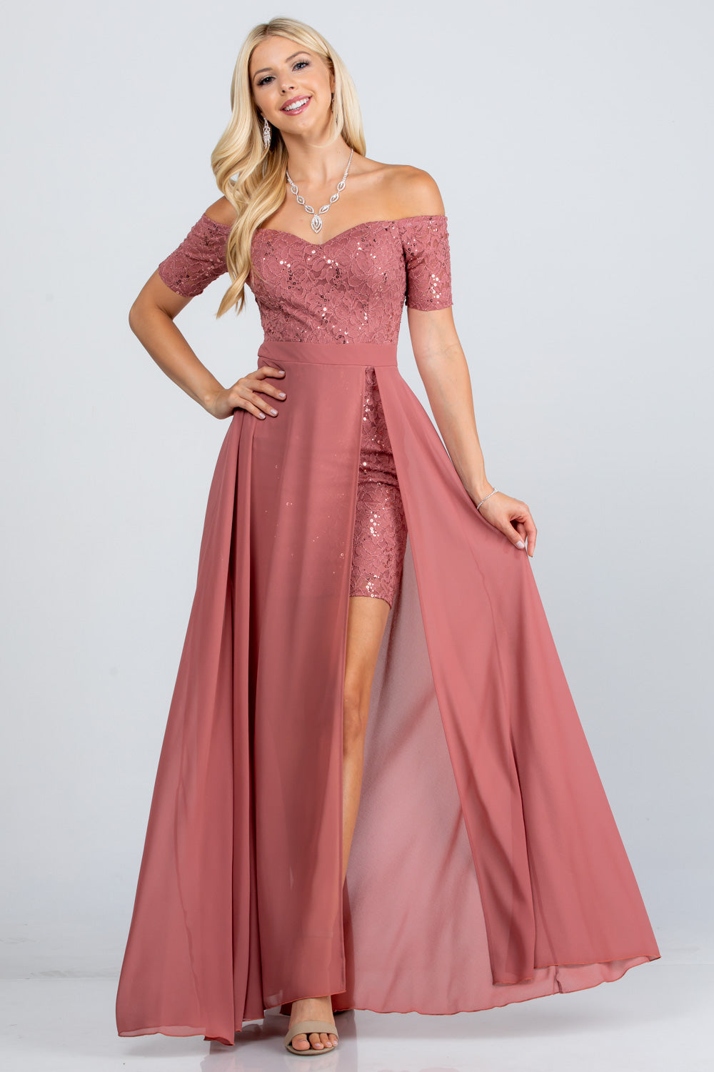 LA SCALA Off Shoulder Sequin Lace Chiffon Gown 25900