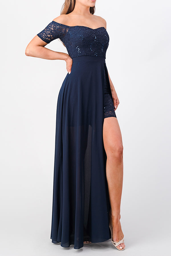 LA SCALA Off Shoulder Sequin Lace Chiffon Gown 25900