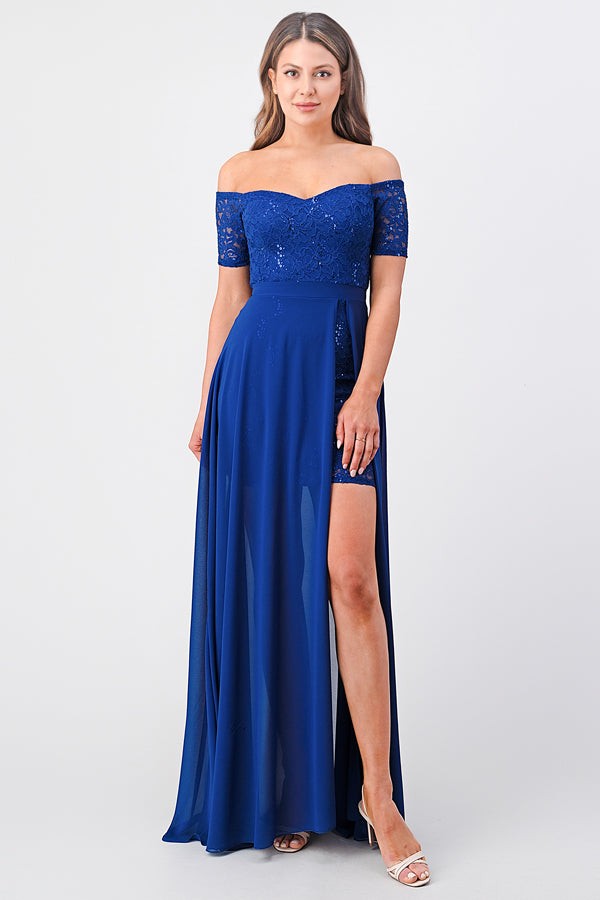 LA SCALA Off Shoulder Sequin Lace Chiffon Gown 25900