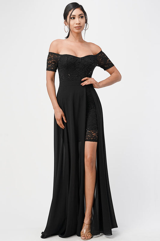 LA SCALA Off Shoulder Sequin Lace Chiffon Gown 25900