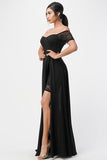LA SCALA Off Shoulder Sequin Lace Chiffon Gown 25900