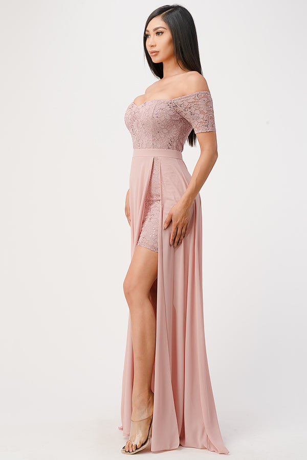 LA SCALA Off Shoulder Sequin Lace Chiffon Gown 25900