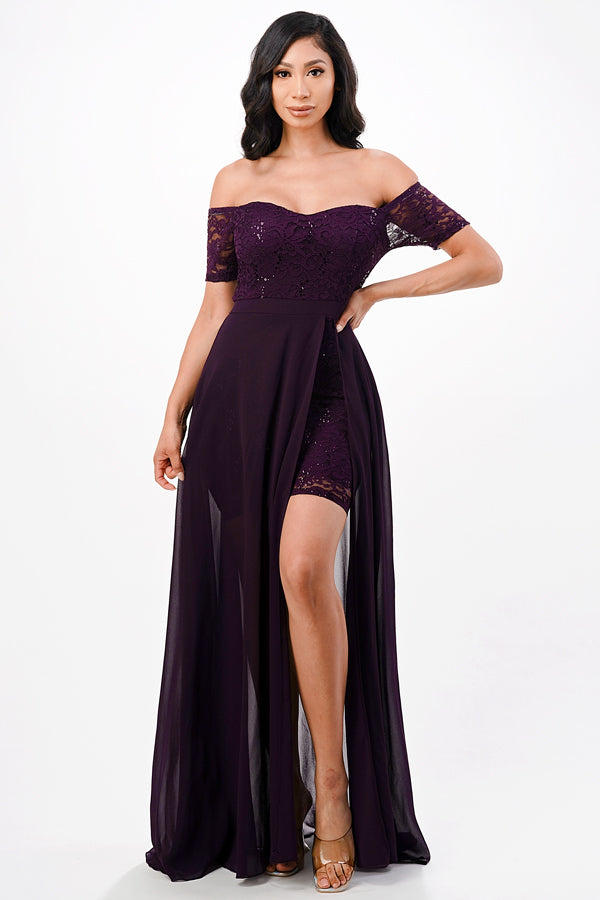 LA SCALA Off Shoulder Sequin Lace Chiffon Gown 25900