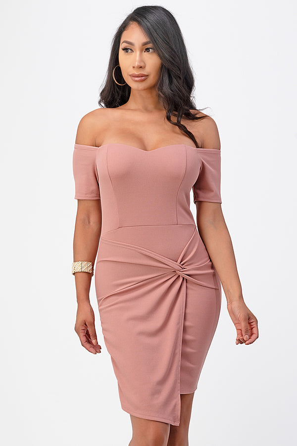 LA SCALA Off Shoulder Twist Bodycon Cocktail Dress 25892