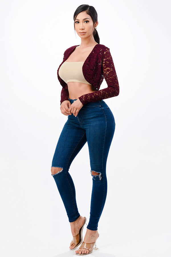 LA SCALA Sequin Lace Long Sleeve Evening Bolero 11623