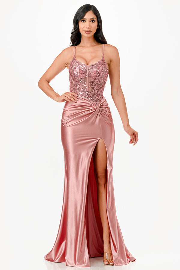 LA SCALA Sequin Lace Satin Twist Evening Gown 26011