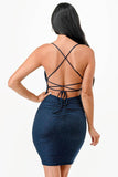 LA Scala Glittered Back Lace Up Waist Shirring Bodycon Mini Dress - Rosa Apparel