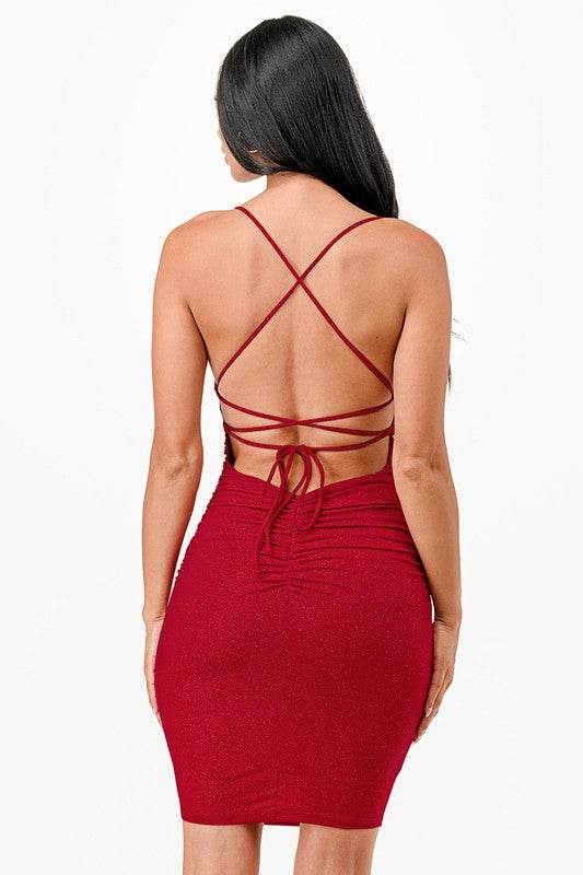 LA Scala Glittered Back Lace Up Waist Shirring Bodycon Mini Dress - Rosa Apparel