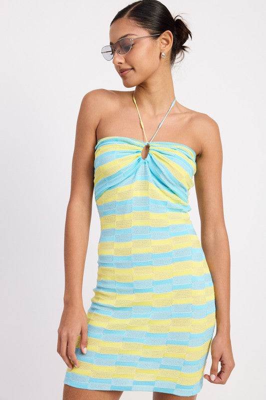 LACE TRIM HALTER MINI DRESS WTIH FRONT CUTOUT - Rosa Apparel