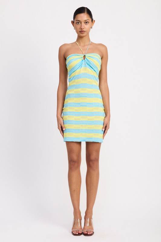 LACE TRIM HALTER MINI DRESS WTIH FRONT CUTOUT - Rosa Apparel