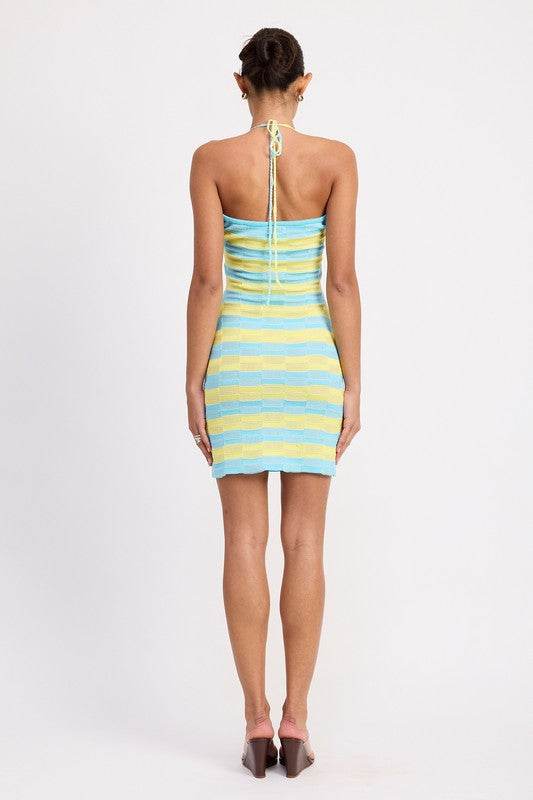 LACE TRIM HALTER MINI DRESS WTIH FRONT CUTOUT - Rosa Apparel