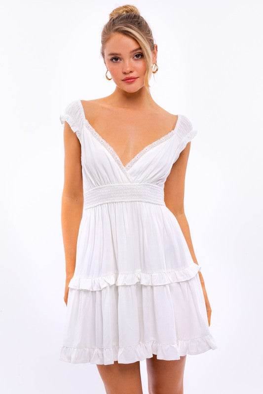 LE LIS Cap Sleeve Ruffle V-Neck Boho Pullover Mini Dress - Rosa Apparel