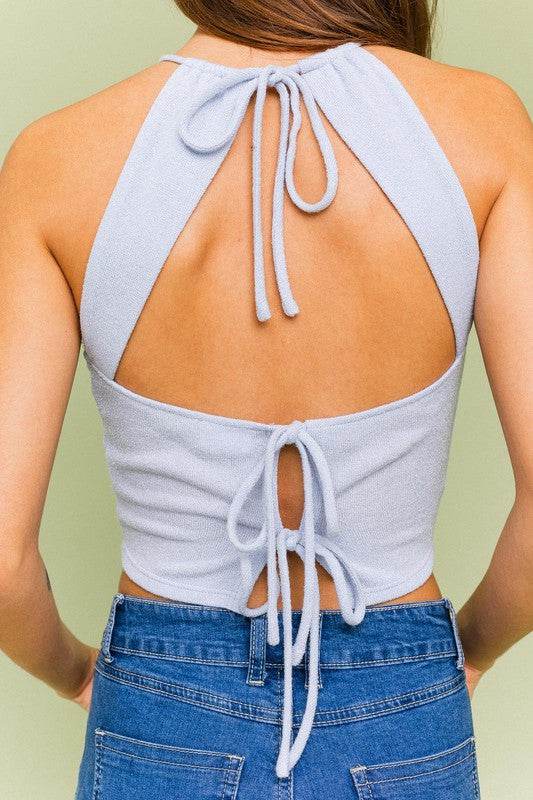 LE LIS Halter Crop Top With a Cut-out Back and a Back Bow Tie Detail - Rosa Apparel