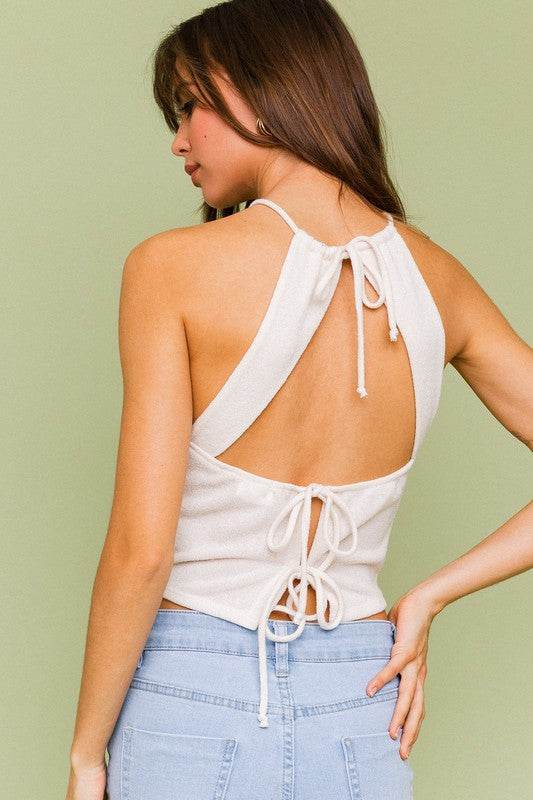 LE LIS Halter Crop Top With a Cut-out Back and a Back Bow Tie Detail - Rosa Apparel