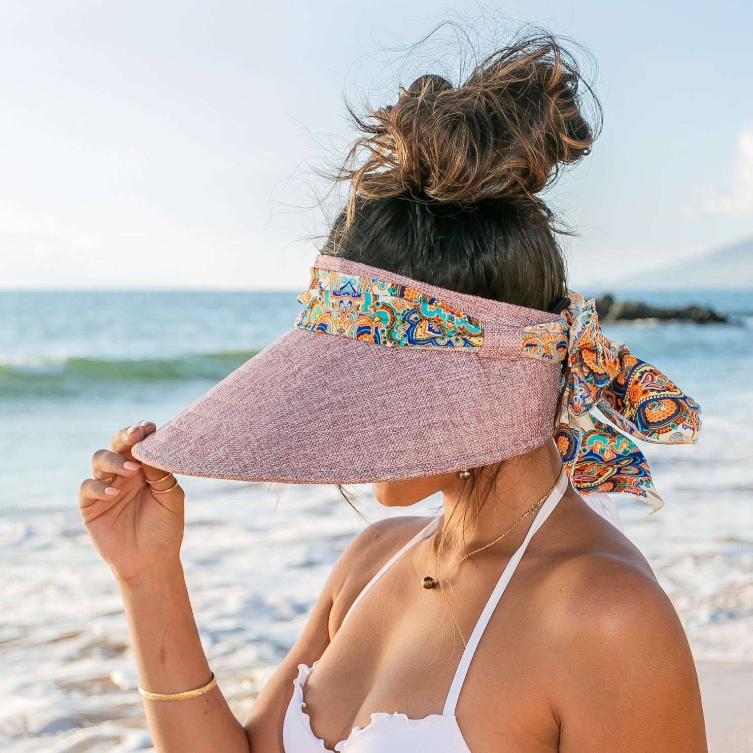 Aili’s Corner Scarf Accent Foldable Wide Brim Visor Hat