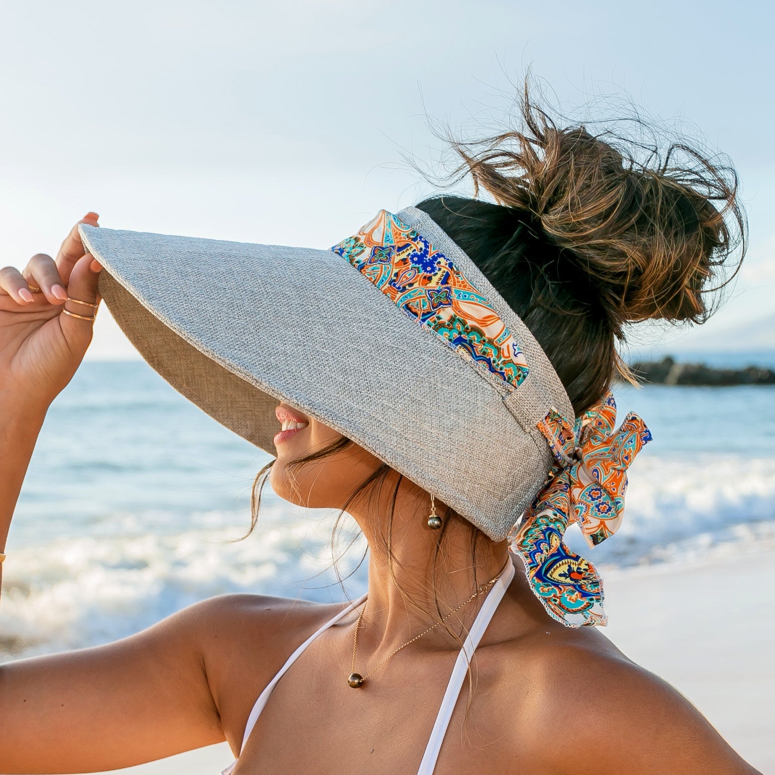 Aili’s Corner Scarf Accent Foldable Wide Brim Visor Hat