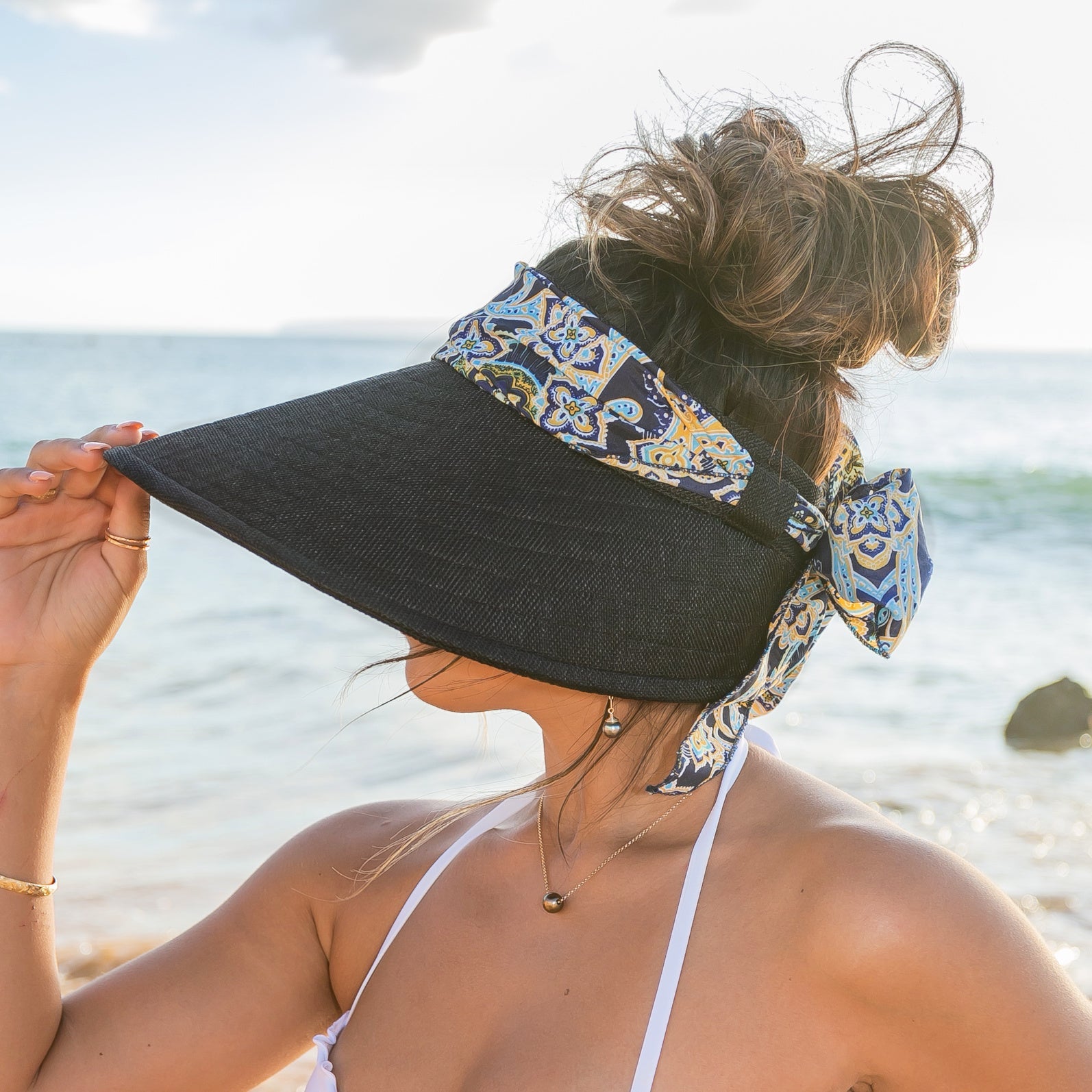 Aili’s Corner Scarf Accent Foldable Wide Brim Visor Hat