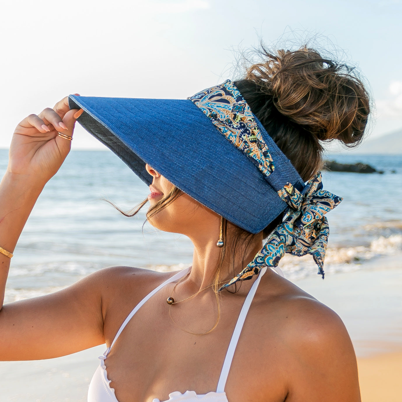 Aili’s Corner Scarf Accent Foldable Wide Brim Visor Hat