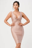 La Scala Center Front Knot Tricot V-Neck Bodycon Dress - Rosa Apparel
