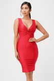 La Scala Center Front Knot Tricot V-Neck Bodycon Dress - Rosa Apparel