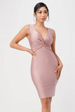 La Scala Center Front Knot Tricot V-Neck Bodycon Dress - Rosa Apparel