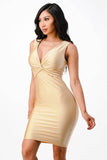 La Scala Center Front Knot Tricot V-Neck Bodycon Dress - Rosa Apparel