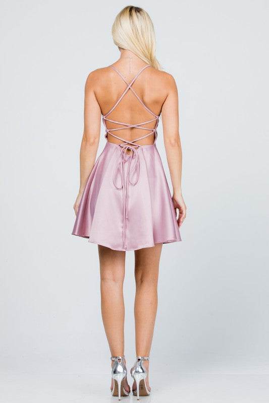 La Scala Fit And Flare Satin Like Sleeveless Lace Up Mini Dress - Rosa Apparel