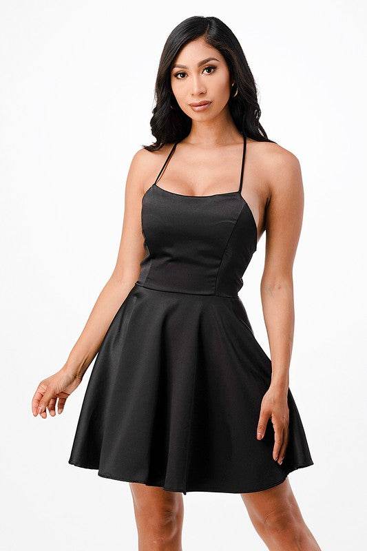 La Scala Fit And Flare Satin Like Sleeveless Lace Up Mini Dress Black / S La Scala Fit And Flare Satin Like Sleeveless Lace Up Mini Dress Black / S