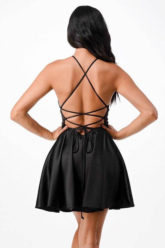 La Scala Fit & Flare Satin Mini Dress - Lace-Up, Sleeveless Elegance La Scala Fit & Flare Satin Mini Dress - Lace-Up, Sleeveless Elegance