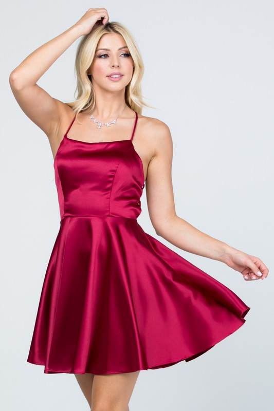 La Scala Fit And Flare Satin Like Sleeveless Lace Up Mini Dress - Rosa Apparel