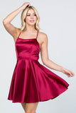 La Scala Fit And Flare Satin Like Sleeveless Lace Up Mini Dress - Rosa Apparel