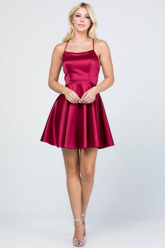 La Scala Fit And Flare Satin Like Sleeveless Lace Up Mini Dress - Rosa Apparel