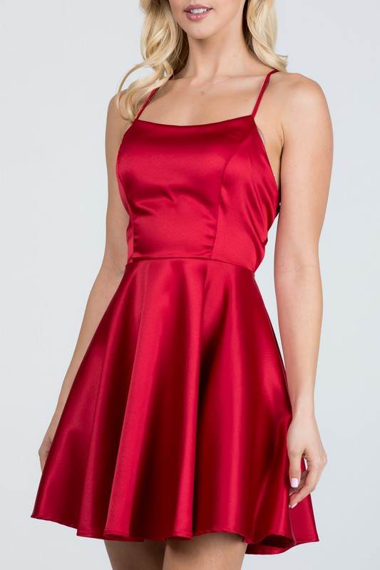 La Scala Fit And Flare Satin Like Sleeveless Lace Up Mini Dress - Rosa Apparel