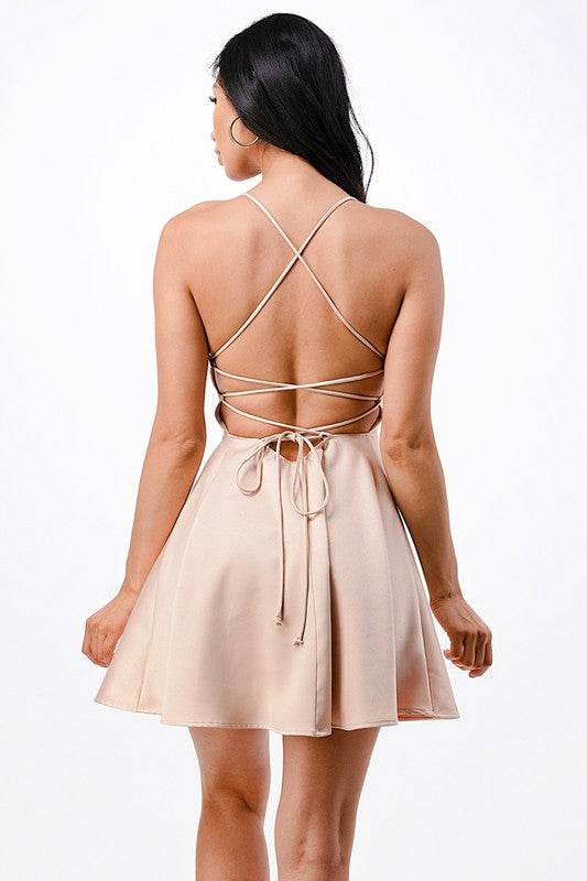 La Scala Fit And Flare Satin Like Sleeveless Lace Up Mini Dress - Rosa Apparel
