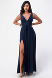 La Scala Full Tricot Deep V-Neck A-Line Dress with Side Slit 25953