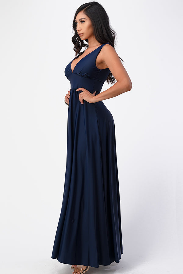La Scala Full Tricot Deep V-Neck A-Line Dress with Side Slit 25953